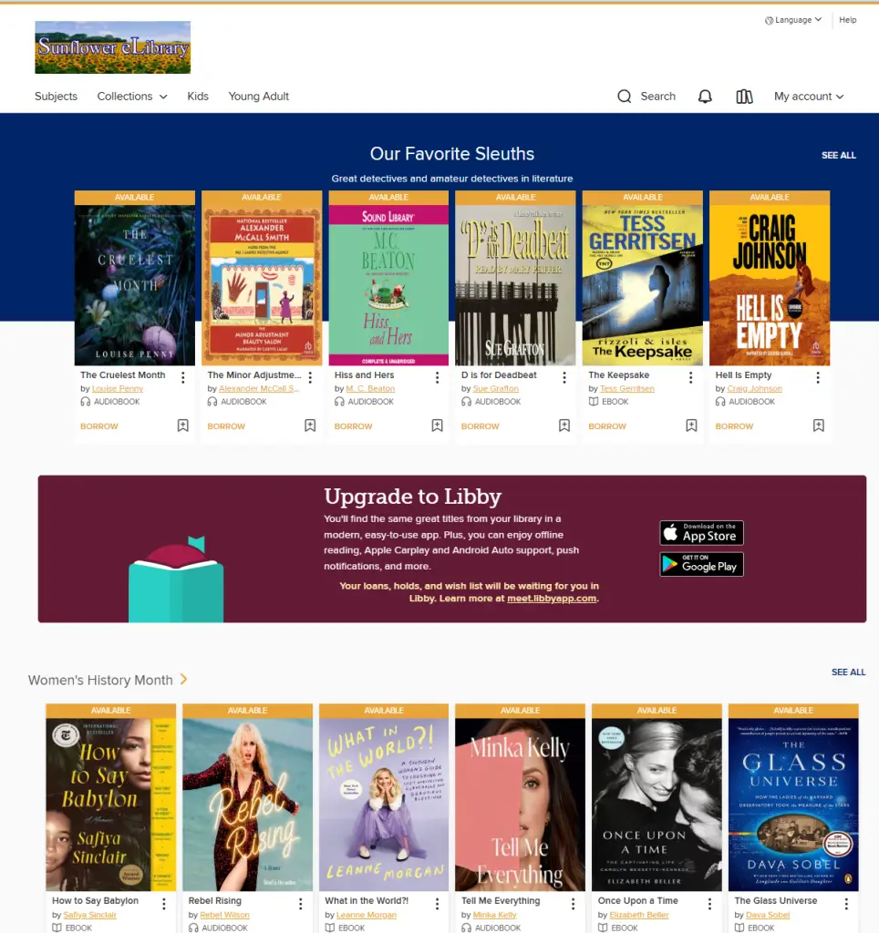 Sunflower eLibrary main page. See how many eBooks and audio books are available.